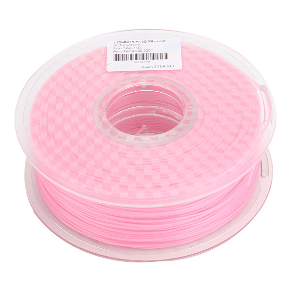 PLA 1,75 mm filament til 3D-printer, der skifter farve i ultraviolet lys, fra pink til lilla