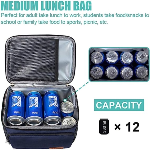 Genanvendelig frokostpose til kontor, skole, picnic og strand - Lækagesikker, frysebar køletaske med justerbar skulderrem til børn/voksne (blå)