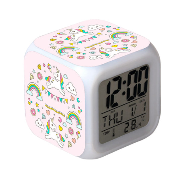 Wekity Unicorn Färgglad Alarmklocka LED Kvadratklocka Digital Alarmklocka med Tid, Temperatur, Alarm, Datum