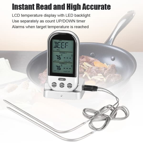 Digital BBQ Termometer Trådlös Kök Matlagning Termometer med Sond&Timer Alarm Silver