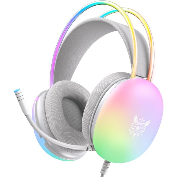 PC Gaming Headset med mikrofon, kablet RGB Rainbow Gaming Hodetelefoner for PS4/PS5/MAC/XBOX/Laptop, 3.5mm Audio Over Ear Hodetelefon med lettvekt, White