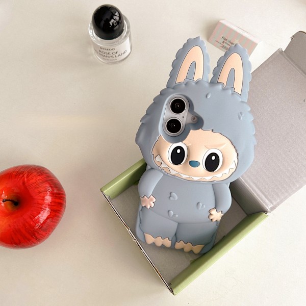 Labubu 3D Söpö Pupukorva Puhelinkotelo: Silikoni, Leikkisä nukke-design (sininen) blue iPhone15