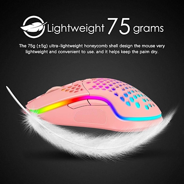 Ultralett Spillmus, RGB Bakgrunnsbelyst Mus med 7 Programmerbare Knapper, PAW3325 6400DPI Mus, Lett Honningkakeskall Mus