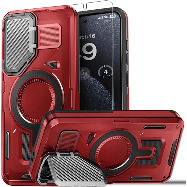 Samsung Galaxy s24EF Ultra Skal med Skärmskydd, [Kompatibel med Magsafe] [Justerbart Kamerastativ] Militärklassat Stöttåligt P Red