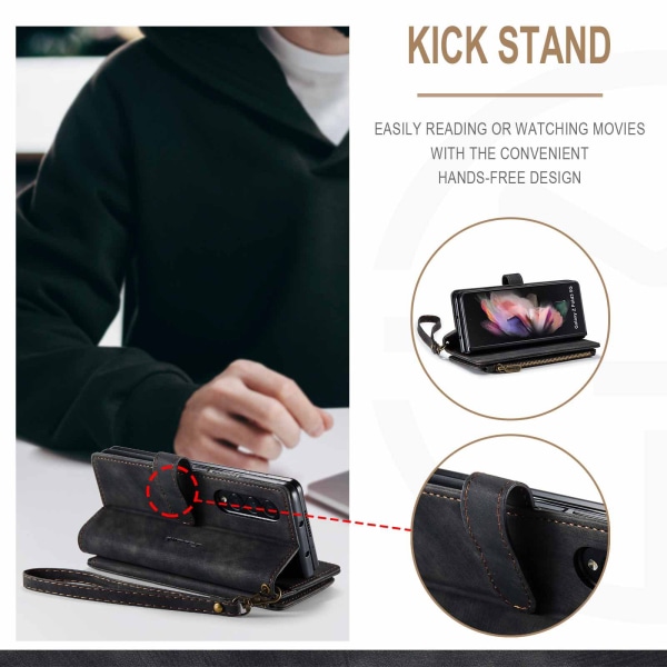 For Samsung Galaxy Z Fold 4 Etui, Nyeste Retro Lommebok Etui med Kortlomme, Multifunksjonelt Etui med Magnetisk Kickstand Rem Glidelås