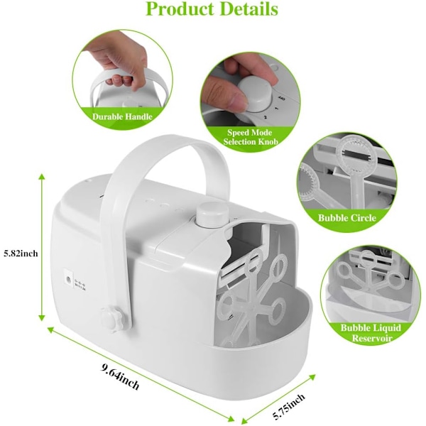 Bubbelmaskin, Automatisk Bubbelblåsmaskin, Portabel Bubbelmaskin för Utomhus- och Inomhusbruk, Drivs med Kontakt eller Batterier w white