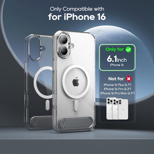 For iPhone 16 6.1-tommers med magnetisk roterbar slank støttefot, kompatibel med MagSafe, krystallklar støtsikker beskyttende telefondeksel