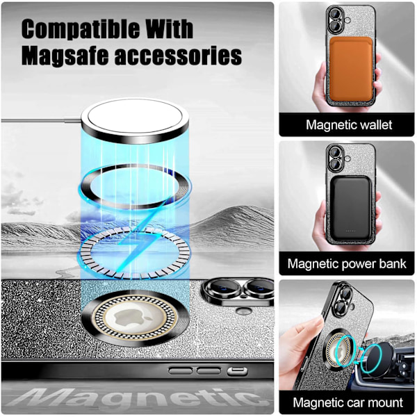Misscase til iPhone 16 Magnetisk Glitter Cover Kompatibelt med MagSafe, Fuld Beskyttelse Slankt Stødsikkert Anti-ridse Cover med Kamera L black