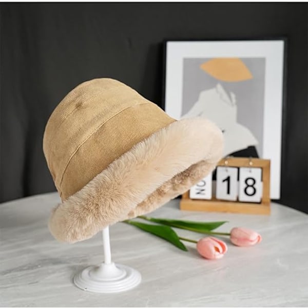 Plush Fuzzy Bucket Hat för Kvinnor Varm Fluffig Konstgjord Päls Fiskehatt Vinter Skid Utomhus Vindtät Varm Fleecefodrad Hatt Beige