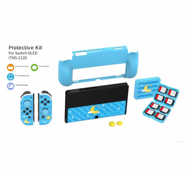 Nintendo Switch OLED -pelikonsolin tarra + konsolin suojus + korttikotelo + ohjainkorkkisarja