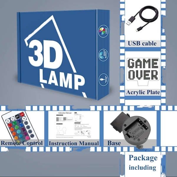 Game Over LED 8-bit Lampe Nattlys 3D Illusionslampe for Barn, 16 Farger Skiftende med Fjernkontroll, Barnerom Spillrom Gamer Gavedekorasjon som Gaver