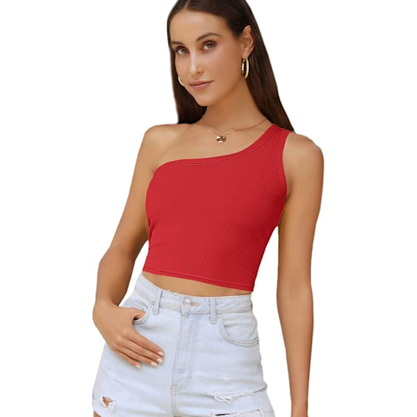 Women's Sexy One Shoulder Sleeveless Ribbed Crop Top, Red (S)