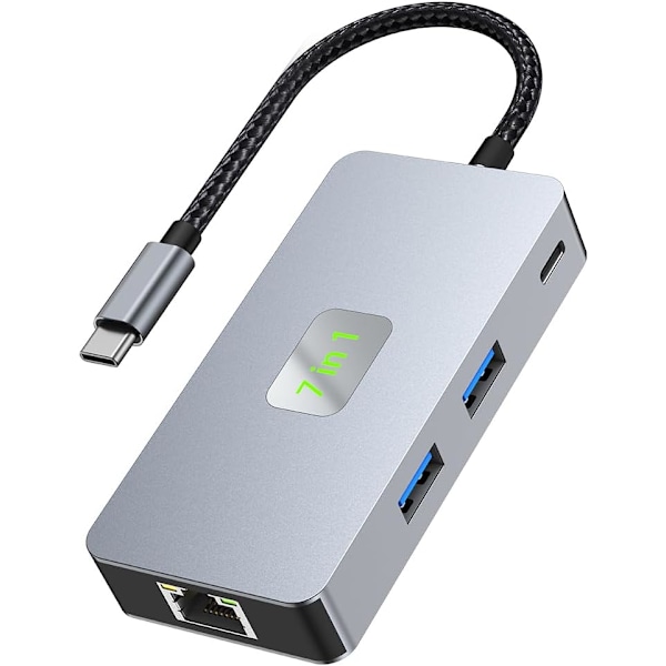 USB C dockingstation, 7 i 1 USB C hub med RJ Ethernet USB 3.2 * 2 + 4K@60HZ + PD 100W+SD/TF til Mac Book, Lenovo, Surface, Dell, HP