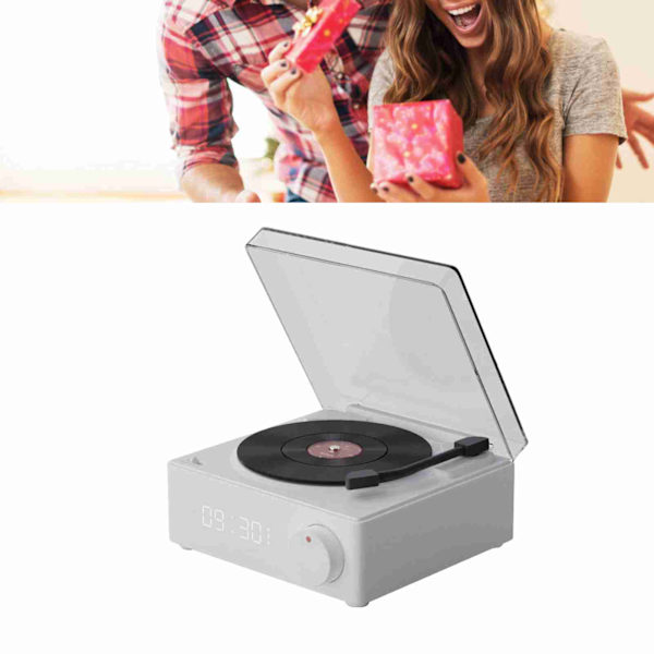 Roterende Vinylplade Vækkeur Højttaler Retro 360 Graders Stereo Trådløs Ur Bluetooth Højttaler til Hjem Soveværelse Kontor Hvid