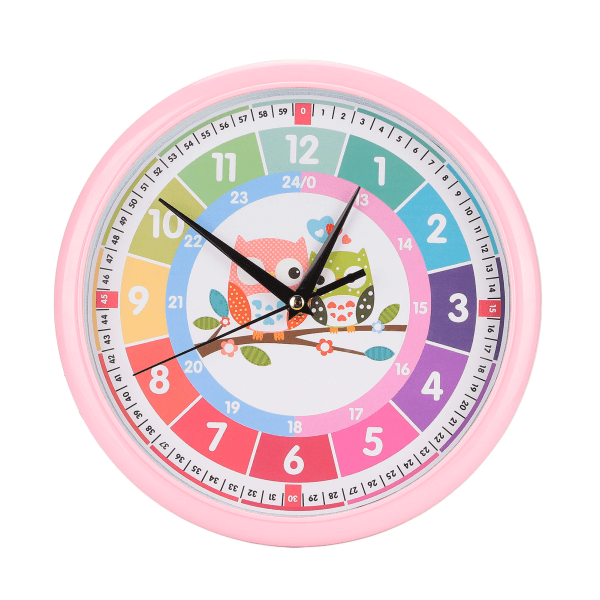 Väggklocka Plast Tecknad Färgglad Quartz Time Learning Hängande klocka för barns sovrum klassrum Pink