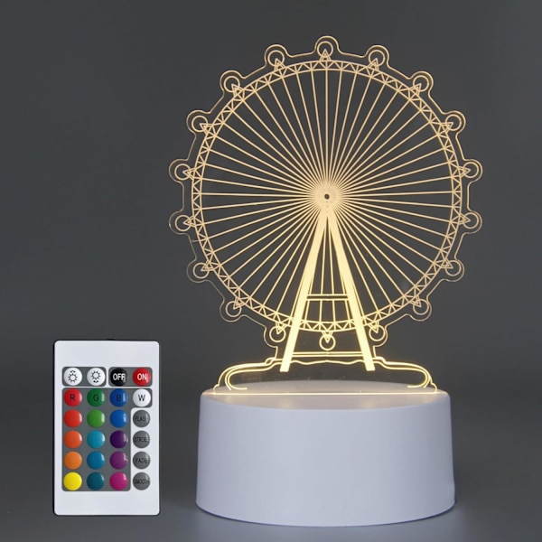 Ferris Wheel 3D Illusion Lampe, Akryl 3D Lampe LED Nattlys med Fjernkontroll 16 Fargeskiftende Skrivebordslampe, Barn Gamer Romdekor Plugg