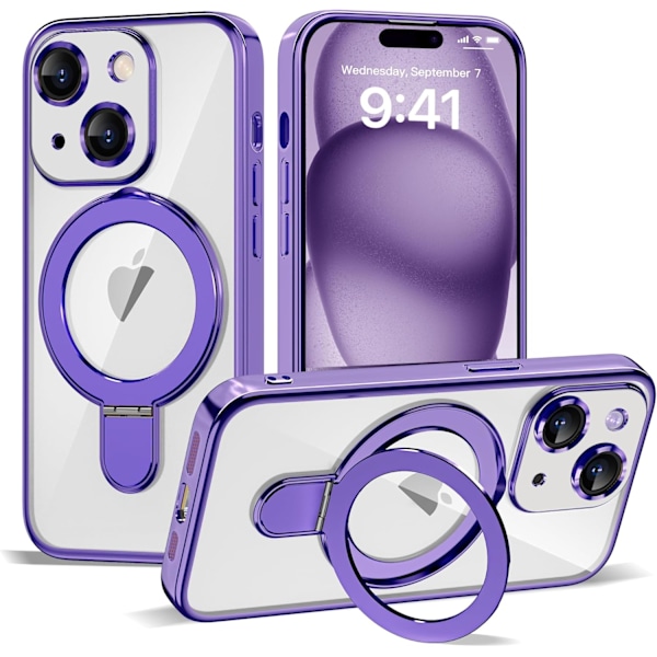 IPhone 15 -kotelo, jossa näkymätön magneettinen rengastuki [Yhteensopiva Mag-Safe kanssa] [Täysi kameran linssinsuoja] Pinnoitettu kirkas iPhone-puhelimelle Purple