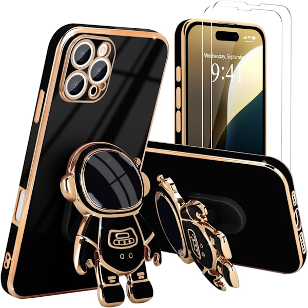 För iPhone 16 Pro Skal, Söt 3D Astronaut Stativ med [2 Skärmskydd] [Kameraskydd] Stötsäkert Bling Silikon Skal black