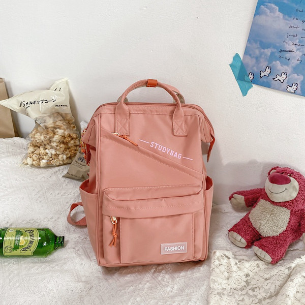 Ryggsäck enfärgad ryggsäck stor kapacitet väska högskolestudent gymnasieelev skolväska resväska Dark Pink
