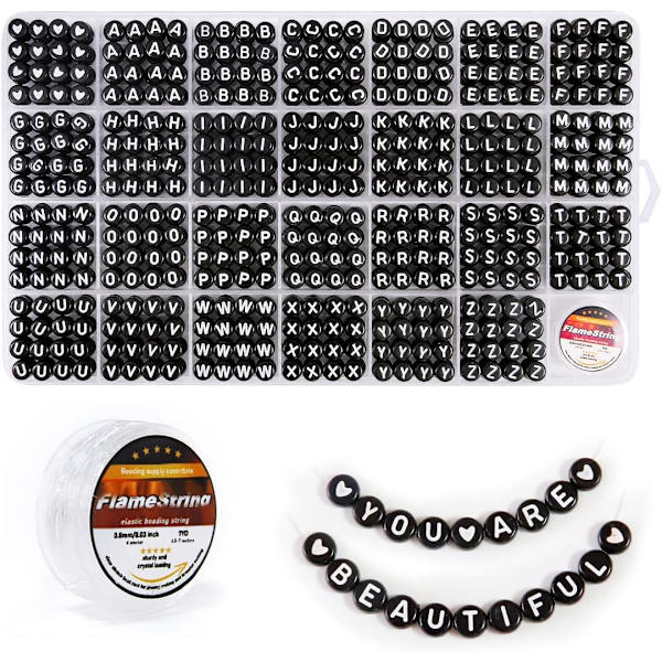 Perler, bogstavperler, alfabetperler i 28 gitterboks (4 x 7 mm (runde perler, 1 mm hul), hvide bogstaver og sort base) White Letters & Black Base