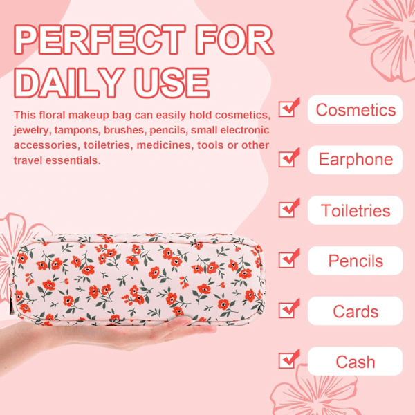Vanntett Lite Blomstrete Penal Sminkeveske for Veske, Søt Blomster Penal Preppy Nylon Sminkekostholder med Glidelås, Jenter pink-Flowers