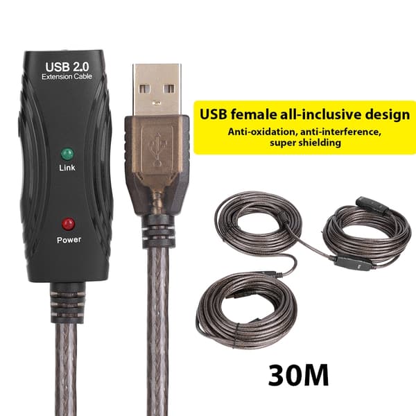 USB 2.0-förlängningskabel med inbyggda signalförstärkarchips, stöder upp till 480 Mbps (30 m)
