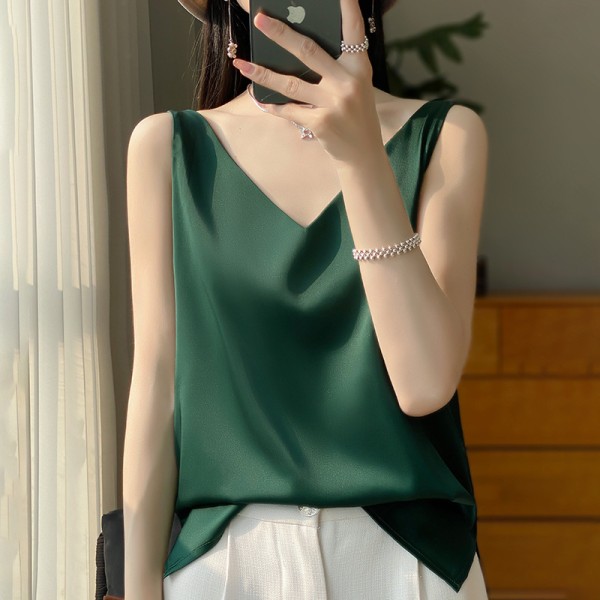 Silkki olkaimet naisten liivi 2024 Kesä Uusi Slim-fit V-kaula lyhyt Elegantti sisätoppi T-paita Deep Green XL