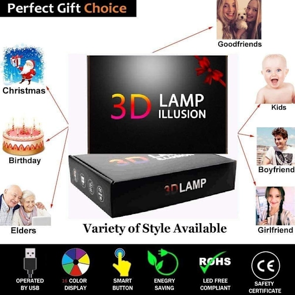 Optisk Illusion 3D Egern Natlampe 16 Farver Skiftende USB Strøm Fjernbetjening Berøringskontakt Dekorationslampe LED Bordlampe Skrivebordslampe Fødselsdag Børnegave