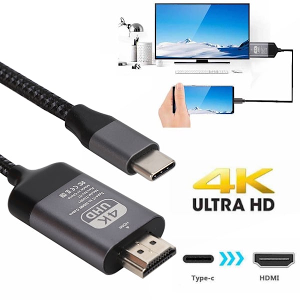 Type C - HDMI -kaapeli 4K60hz alumiinikuori punottu 2M USB C - HDTV MacBook Pro 15 ja 13 2017 / 2016
