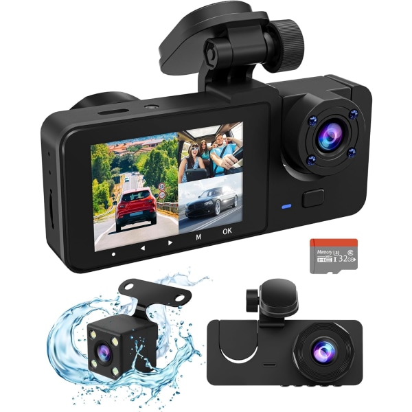 3-kanals Dash Cam for og bag indvendigt, 4K Full UHD Dash-kamera til biler med gratis 32GB SD-kort, Indbygget Super Night Vision, 2.0'' IPS-skærm, WDR, Lo Black
