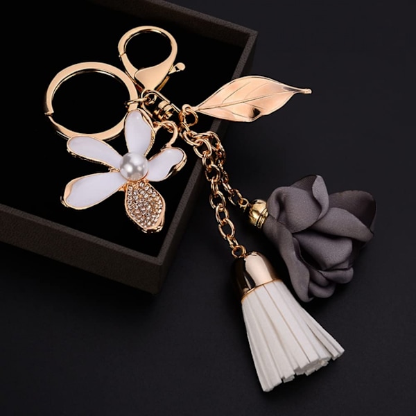 Blomster nøglering Rhinestone kvast blad nøglering kvinder tegnebog taske vedhæng charms----Guld-grå