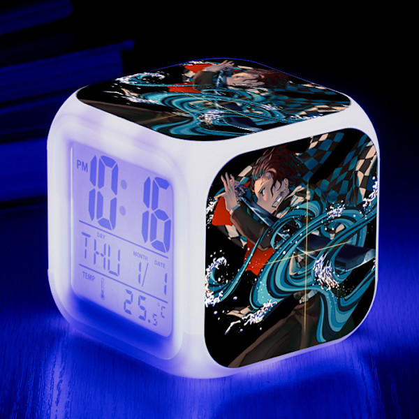 Wekity Anime Ghost Slayer Färgglad Väckarklocka LED Kvadratisk Klocka Digital Växklcka med Tid, Temperatur, Alarm, Datum