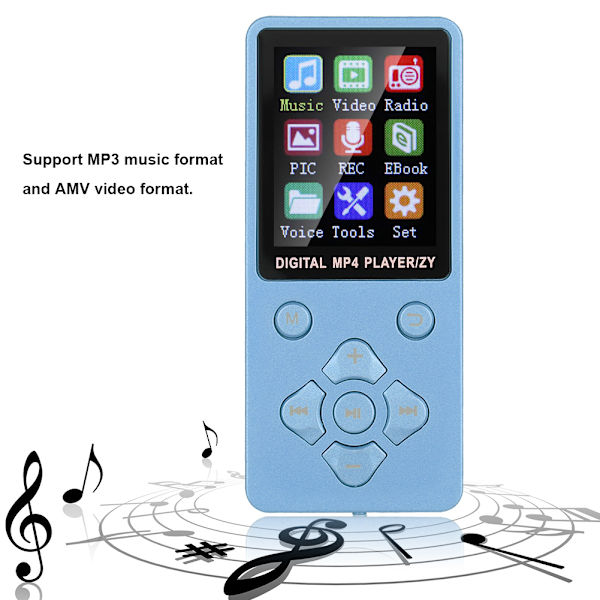 T1 Music MP3 MP4 -soitin Bluetooth-tuella, 32 Gt muistikortti, ristimäiset painikkeet, sininen