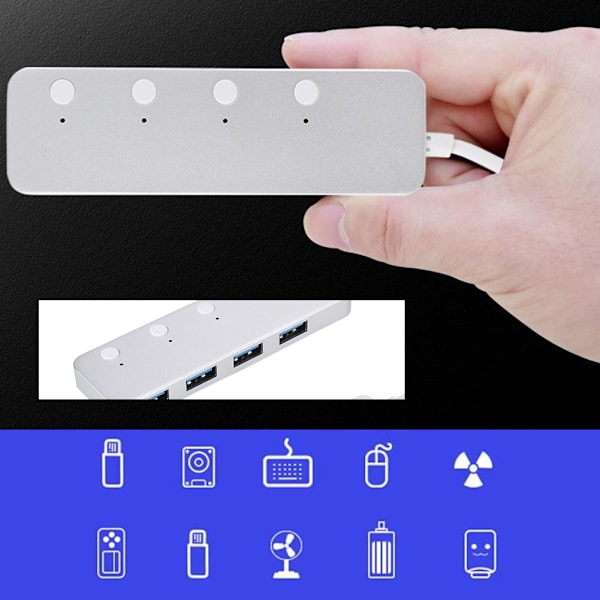 ACASIS Höghastighets USB3.0 Splitter 4-portars USB HUB Adapter med separat strömbrytare (Silver)