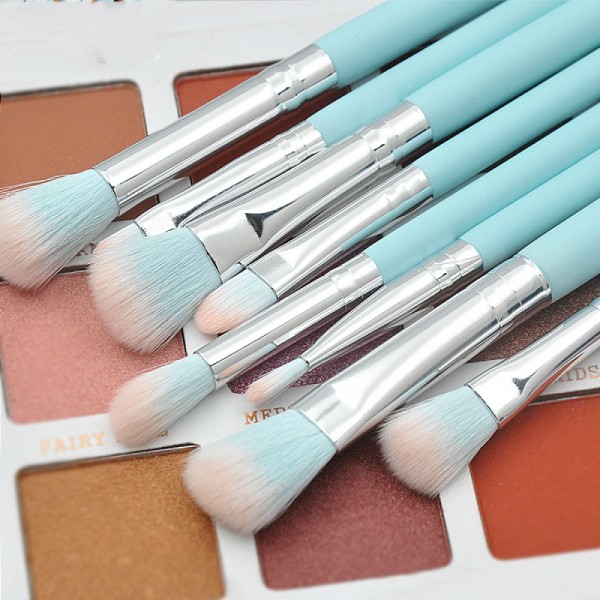 Lyseblå træskaft makeup børste sæt, 12 stk løs pulver børste øjenbørste skønhed makeup værktøj