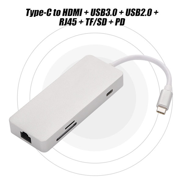 Typ-C-hubb Typ-C till HDMI + USB3.0 + USB2.0 + RJ45 + TF/SD + PD-dockningsstation