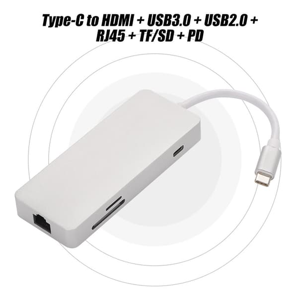 Type-C Hub Type-C til HDMI + USB3.0 + USB2.0 + RJ45 + TF/SD + PD Dokkingstasjon