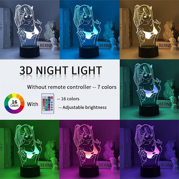 3D Illusionslampe Zero Two 02 Anime RGB 16 Farger med Fjernkontroll LED Nattelys Barn Jenter Soverom Dekor Sengelampe