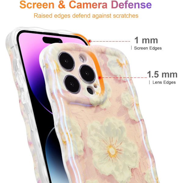 Deksel til iPhone 16promax, Fargerik Retro 0iI Maleri Trykt Blomst Laser Glanset Mønster Søt Krøllete Bølgekant Utsøkt Stilig Du Light Pink