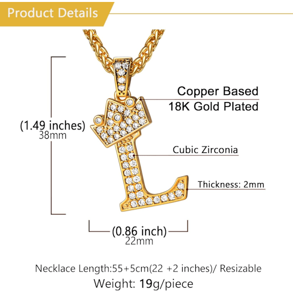 Krone Initial A-Z Halskjede, Iced Out Bokstavanheng med 22-24 Tommers Kjede, Menn Kvinner Bling Hip Hop Alfabet Navn Smykker Gave Store Initialer Halskjeder L 18K Gold