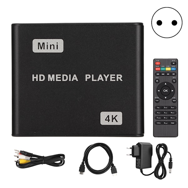 4K HD Media Player Mini Streaming Media Player med fjernkontroll og LED-indikator 100‑240VEU-plugg