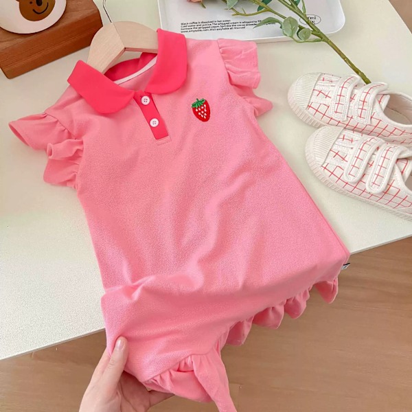 Baby Pigekjole Sommer Pink Sød Elegant Prinsessekjole POLO Stil Fødselsdagsfest Tøj 1-4 År Gammel 90cm