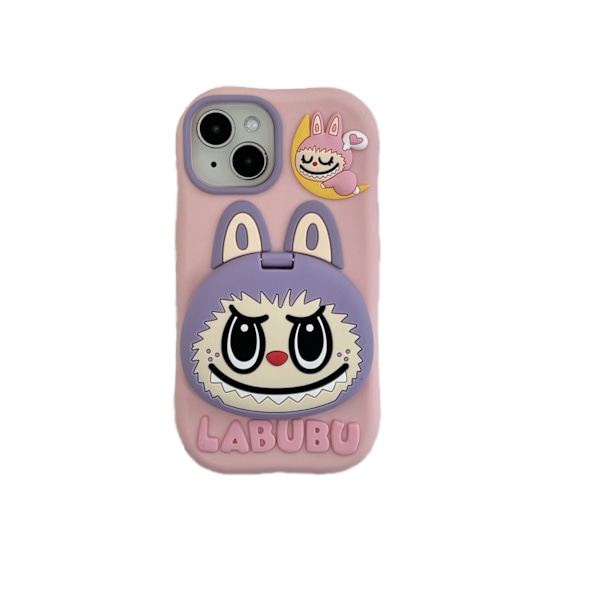 Labubu iPhone -kotelo: Käännettävä peili/jalusta, suloinen 3D-hahmo ja vaaleanpunainen tyyli iPhone11