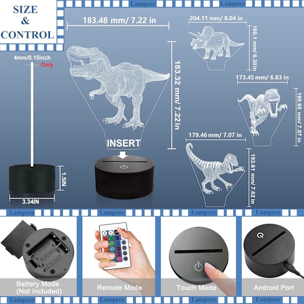 Dinosaurie Lampor, 3D Nattlampa Illusion 4 Mönster med Fjärrkontroll 16 Färgförändring Dekorlampa, Dinosaurie Presenter för Barn