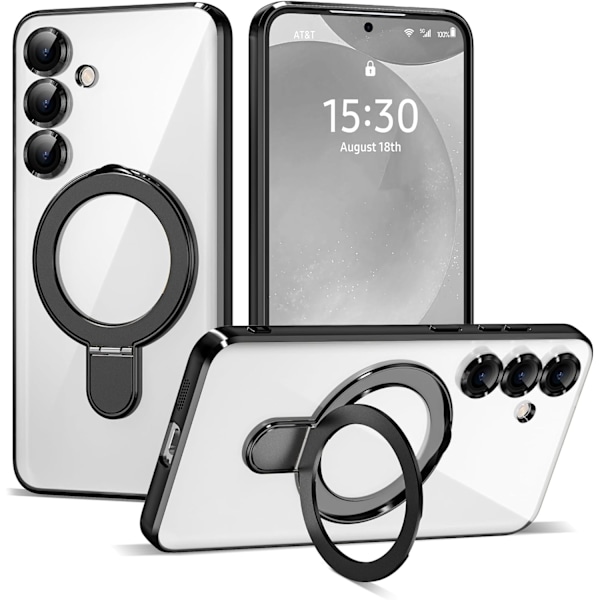 Samsung Galaxy S24plus 6.7 Skal med Magnetisk Ringstativ [Kompatibelt med Mag-Safe] [Fullständigt Kameralinsskydd] Pläterat Genomskinligt Skal Black