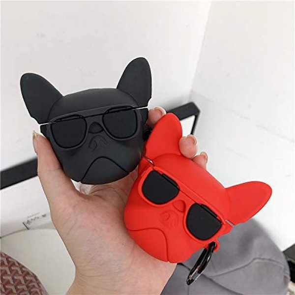 Snyggt glas Bulldog-format mjukt silikonfodral för AirPods-fodral, skyddande skal för hörlurar, AirPods1&2+krok - Svart