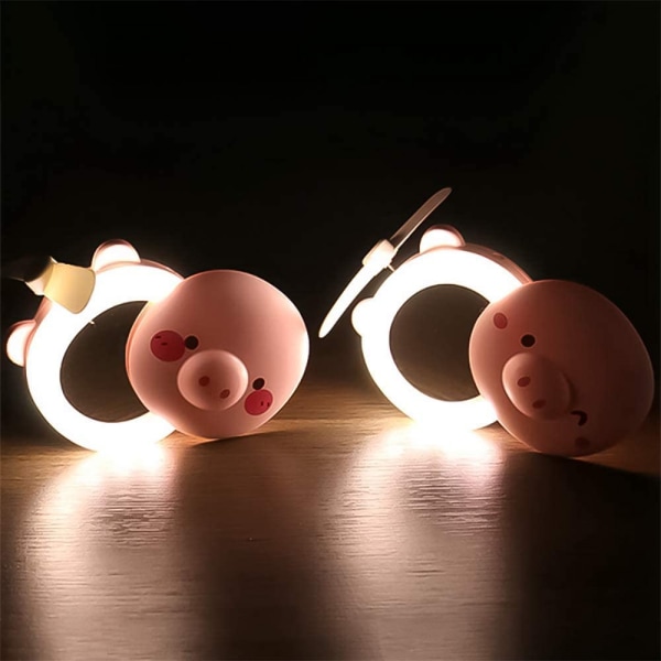 2 i 1 Sød Piggy Mini Kosmetisk Ventilator LED Spejl Lys Gris Tegneserie Håndholdt Bærbar Makeup Håndspejl Generelt Formål USB Genopladelig