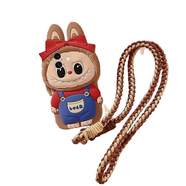 Labubu 3D Skal + Flätat Nyckelband Set: Röd Rosett, Blå Snickarbyxor för iPhones Phone case + lanyard iPhone16Plus