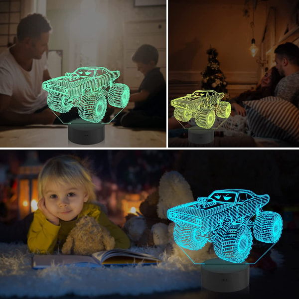 Qinwei Monster Trucks Nattlys Vroom 3D Illusion Lampe 16 farger skiftende med fjernkontroll Kreative bursdagsgaver til barn Gutter Soveromsdekor