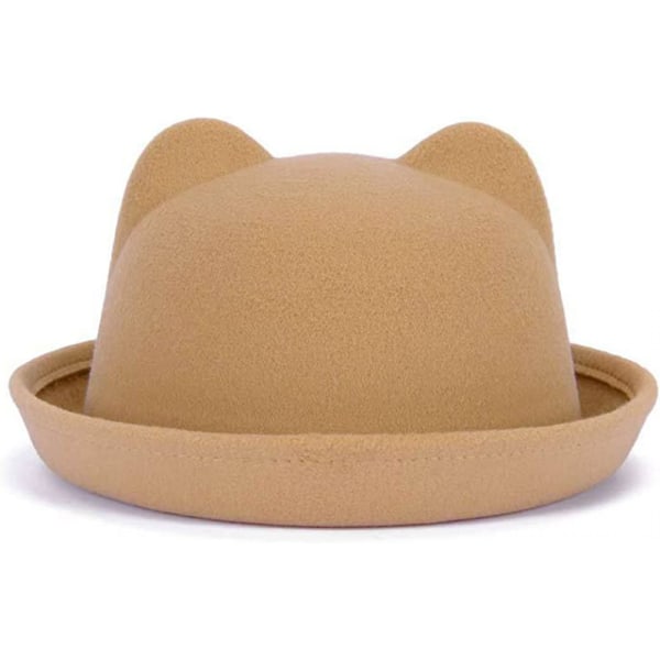 Cat Ear Wool Bowler Hats - Søte Derby Fedora Caps med Roll-up Brim for Youth Petite, Camel
